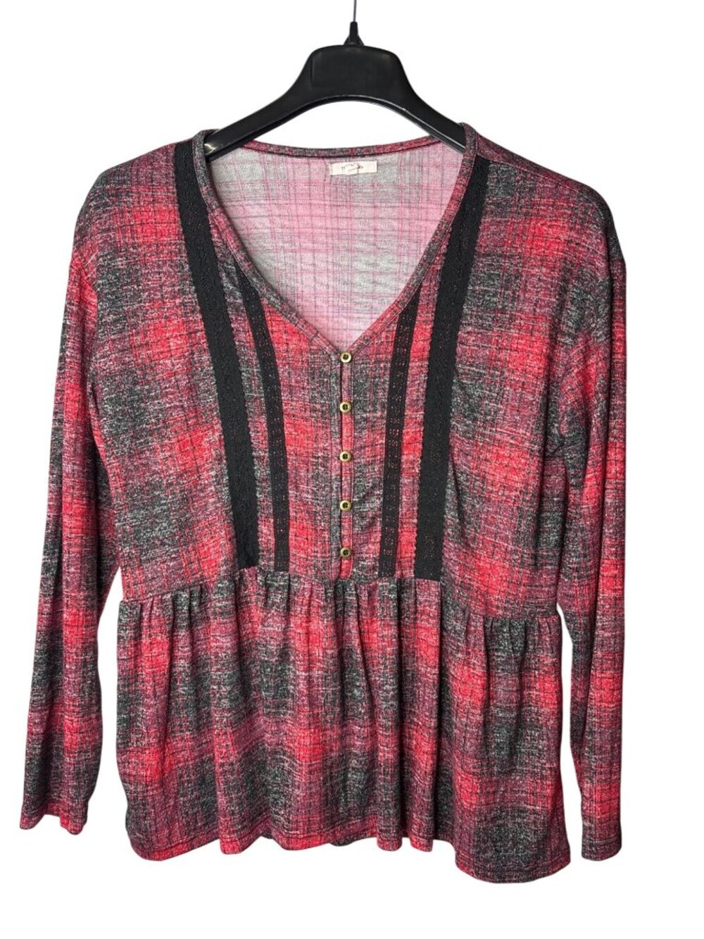 Maurices Peplum Popover Blouse Top L Plaid Red Black Lace Accents Rayon Blend